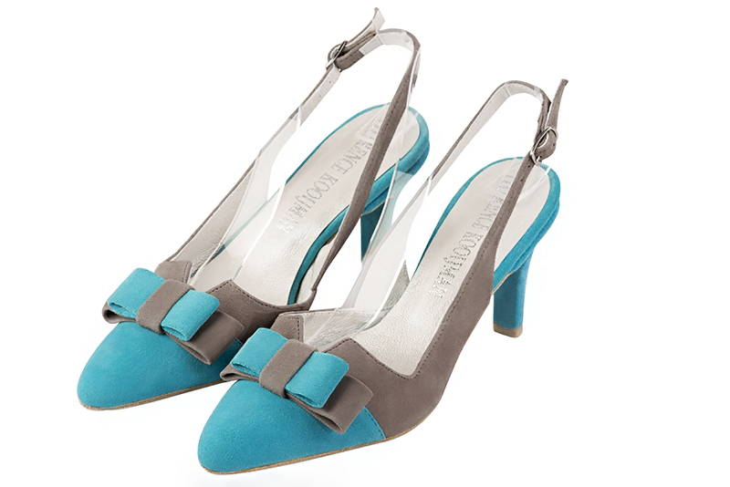 Turquoise blue and bronze beige women's open back shoes, with a knot. Tapered toe. Medium slim heel. Front view - Florence KOOIJMAN